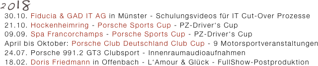 2018
  30.10. Fiducia & GAD IT AG in Münster - Schulungsvideos für IT Cut-Over Prozesse
  21.10. Hockenheimring - Porsche Sports Cup - PZ-Driver‘s Cup
  09.09. Spa Francorchamps - Porsche Sports Cup - PZ-Driver‘s Cup
  April bis Oktober: Porsche Club Deutschland Club Cup - 9 Motorsportveranstaltungen 
  24.07. Porsche 991.2 GT3 Clubsport - Innenraumaudioaufnahmen
  18.02. Doris Friedmann in Offenbach - L‘Amour & Glück - FullShow-Postproduktion
