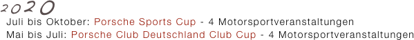 2020
  Juli bis Oktober: Porsche Sports Cup - 4 Motorsportveranstaltungen
  Mai bis Juli: Porsche Club Deutschland Club Cup - 4 Motorsportveranstaltungen 
