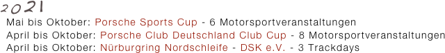 2021
  Mai bis Oktober: Porsche Sports Cup - 6 Motorsportveranstaltungen
  April bis Oktober: Porsche Club Deutschland Club Cup - 8 Motorsportveranstaltungen
  April bis Oktober: Nürburgring Nordschleife - DSK e.V. - 3 Trackdays
  