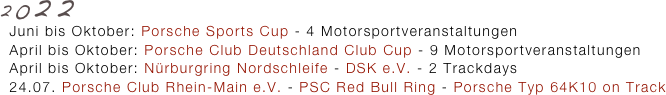 2022
  Juni bis Oktober: Porsche Sports Cup - 4 Motorsportveranstaltungen
  April bis Oktober: Porsche Club Deutschland Club Cup - 9 Motorsportveranstaltungen
  April bis Oktober: Nürburgring Nordschleife - DSK e.V. - 2 Trackdays
  24.07. Porsche Club Rhein-Main e.V. - PSC Red Bull Ring - Porsche Typ 64K10 on Track
  
